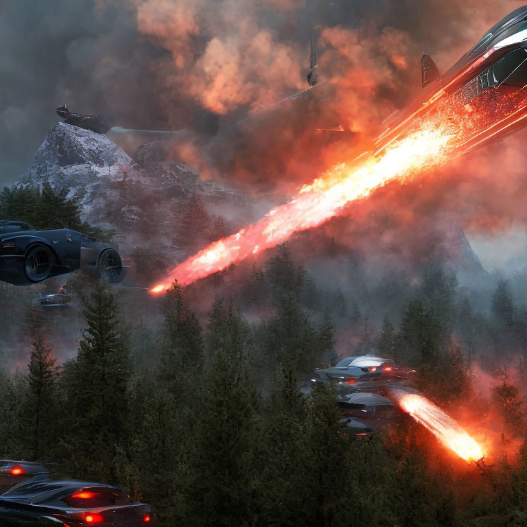 Sci-fi spacecraft fires red beam at cars in forest, causing explosions.