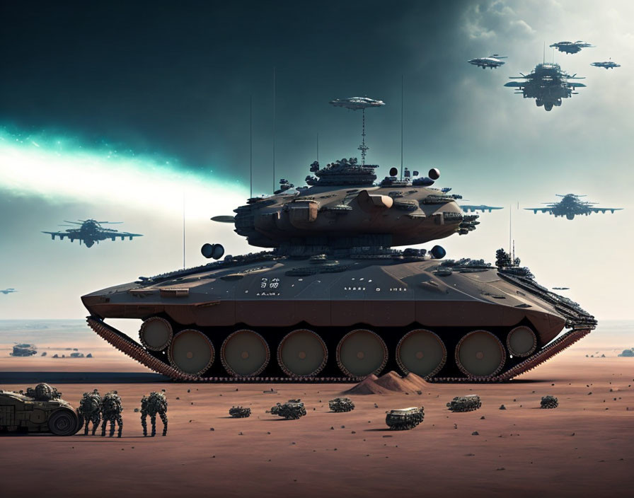 Futuristic tank-like vehicle in desert with aircraft and troops