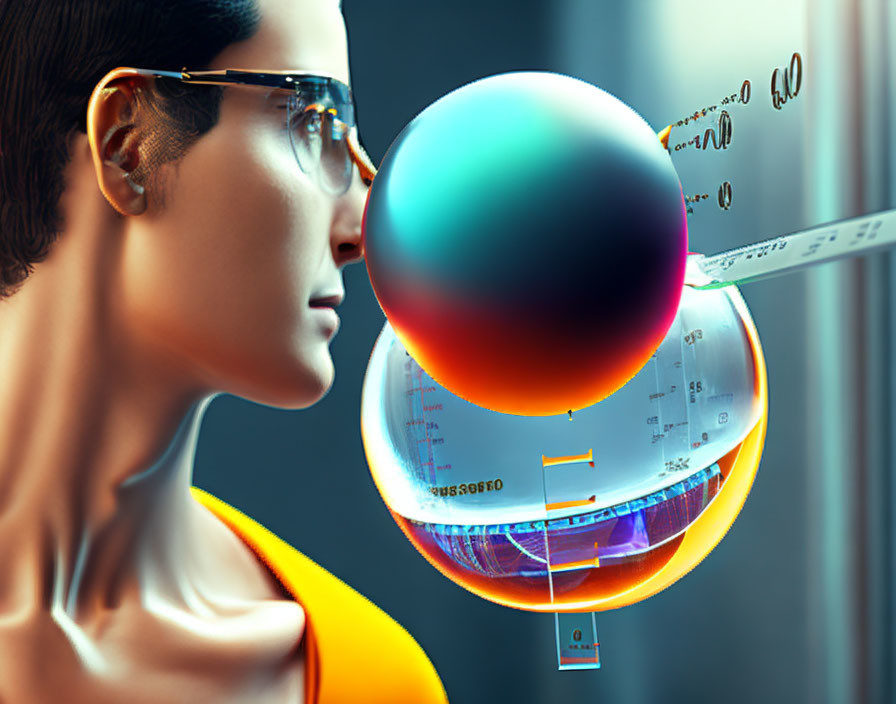 Person with glasses examining floating 3D sphere with scientific formulas and graphics