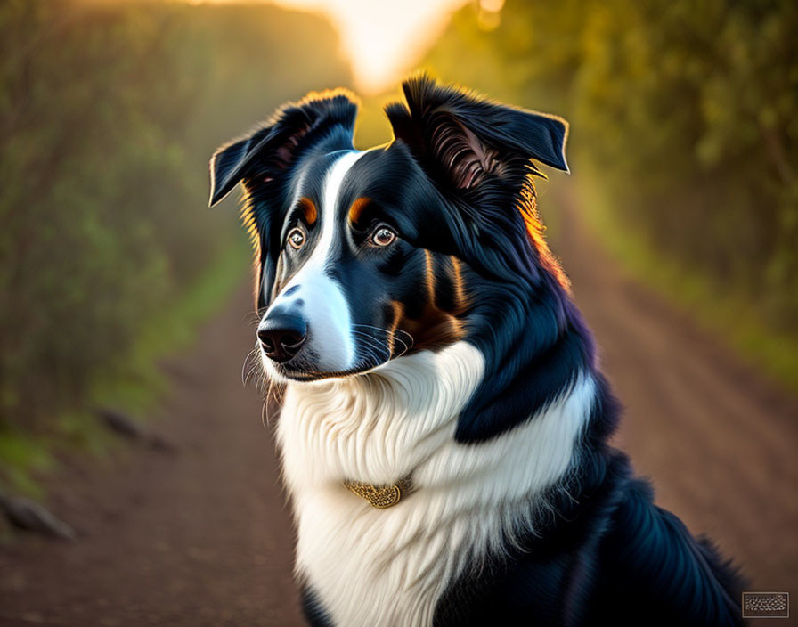 Tri-color Border Collie Dog on Dusty Road with Golden Sunlight