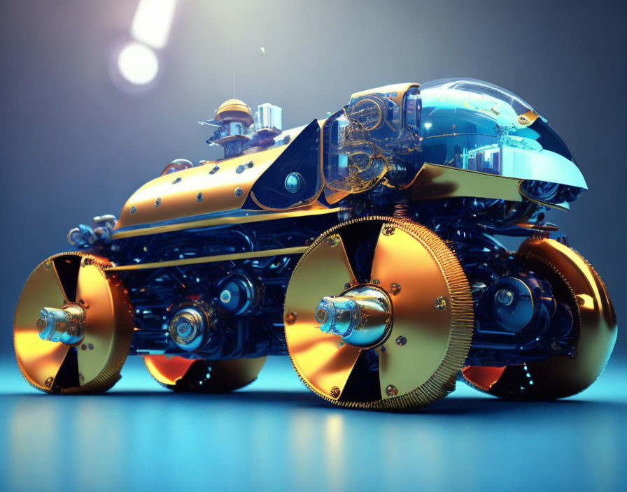 Steampunk-inspired futuristic vehicle with gold wheels and blue dome