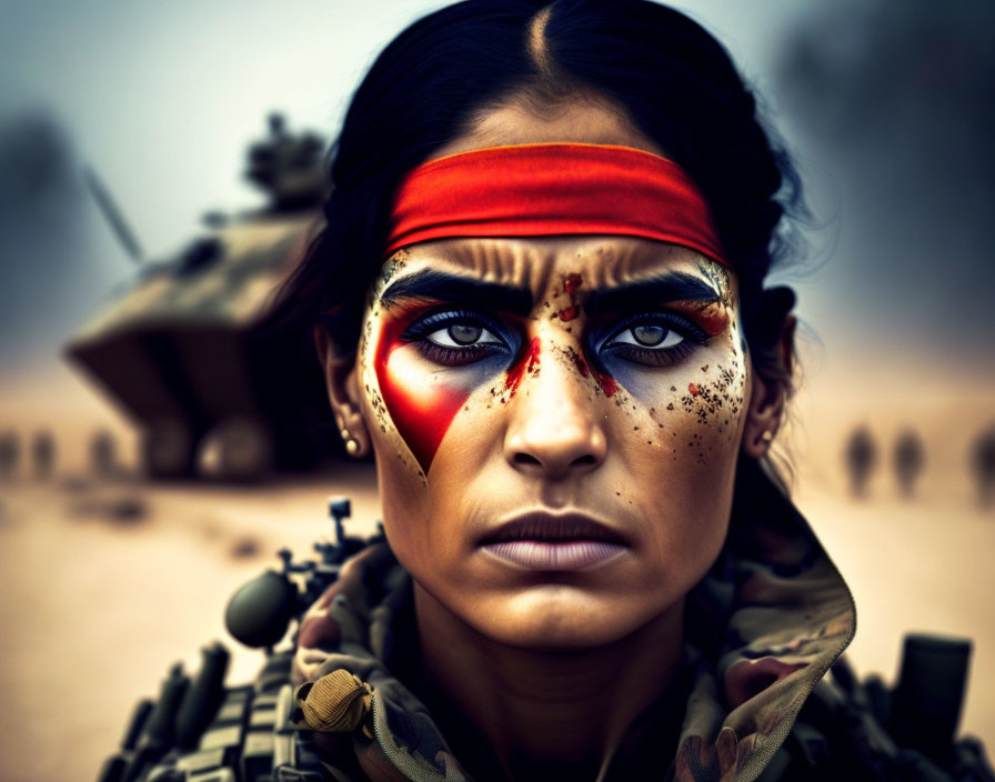 Woman with War Stripe Face Paint and Tank in Gritty Background