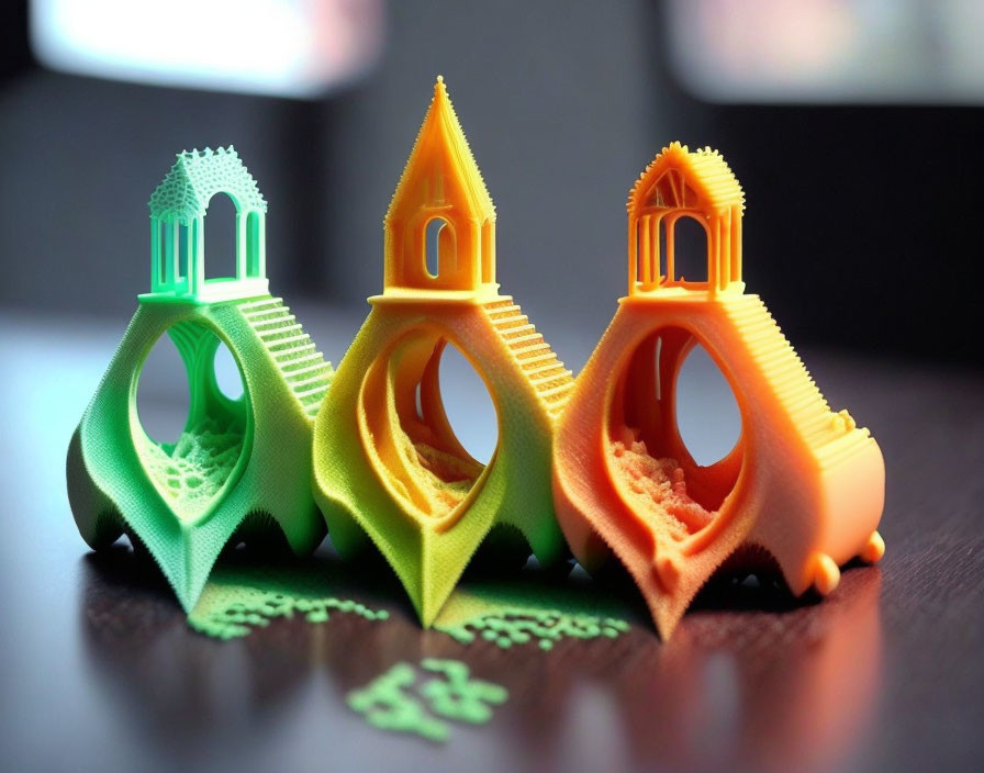 Vibrant 3D-Printed Architectural Objects in Green, Blue, and Orange