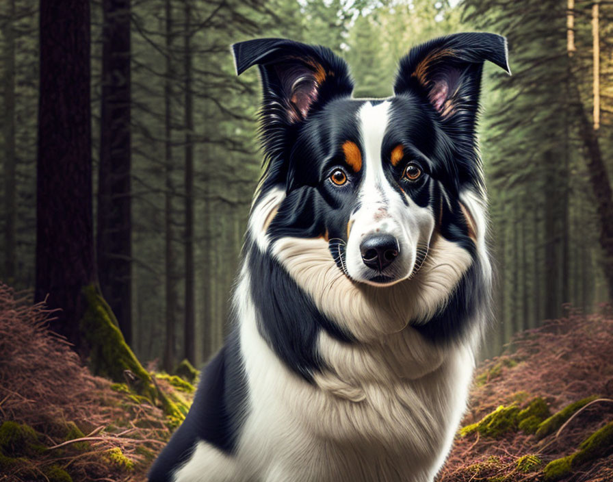 Black and white Border Collie with unique markings in a forest landscape