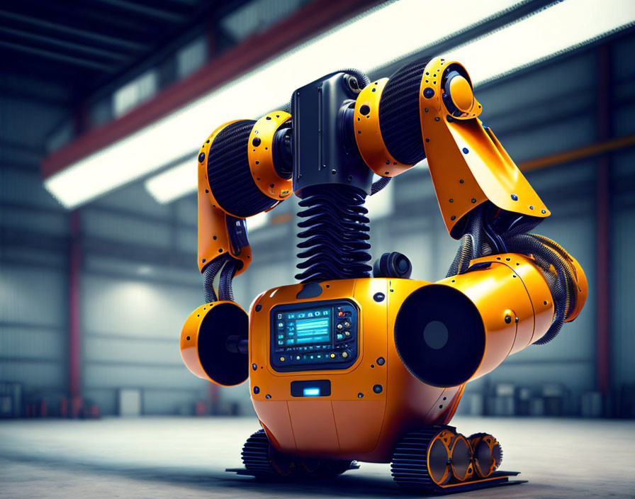 Stylized robotic figure with yellow and black components in industrial warehouse