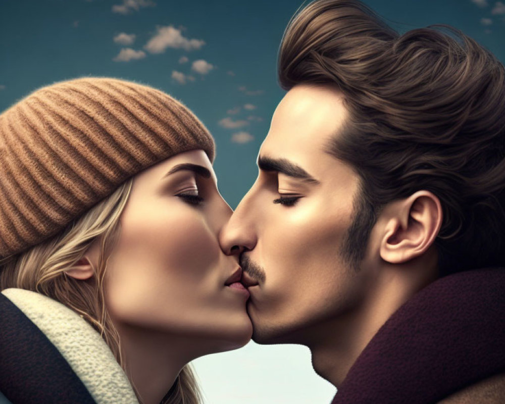 Stylized characters kissing under cloudy sky, man in coat, woman in beanie