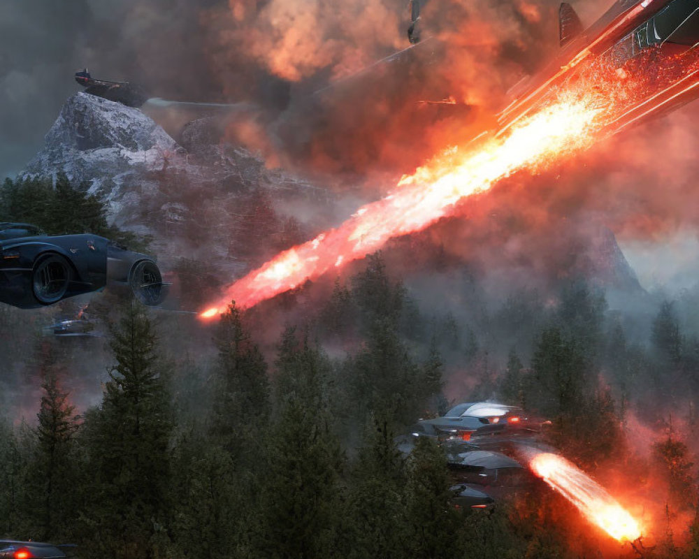 Sci-fi spacecraft fires red beam at cars in forest, causing explosions.