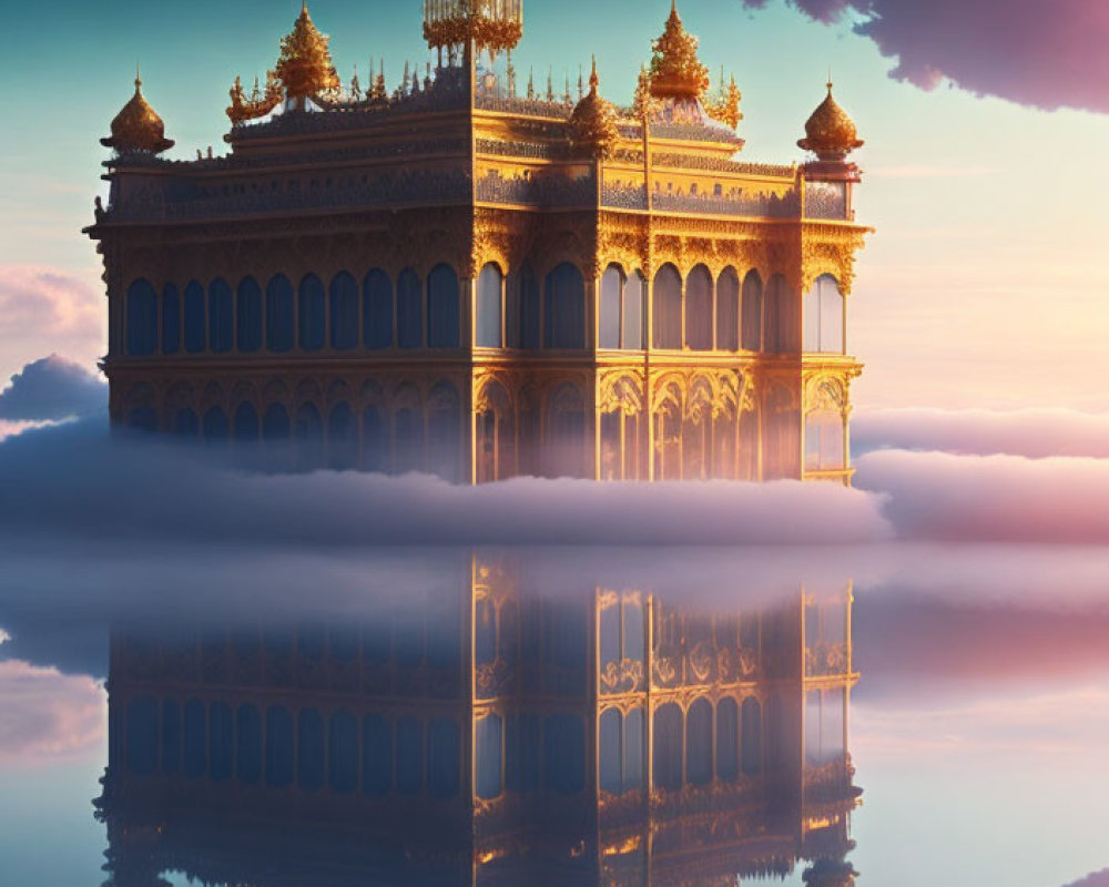 Ornate Golden Palace Floating Above Clouds in Twilight Sky