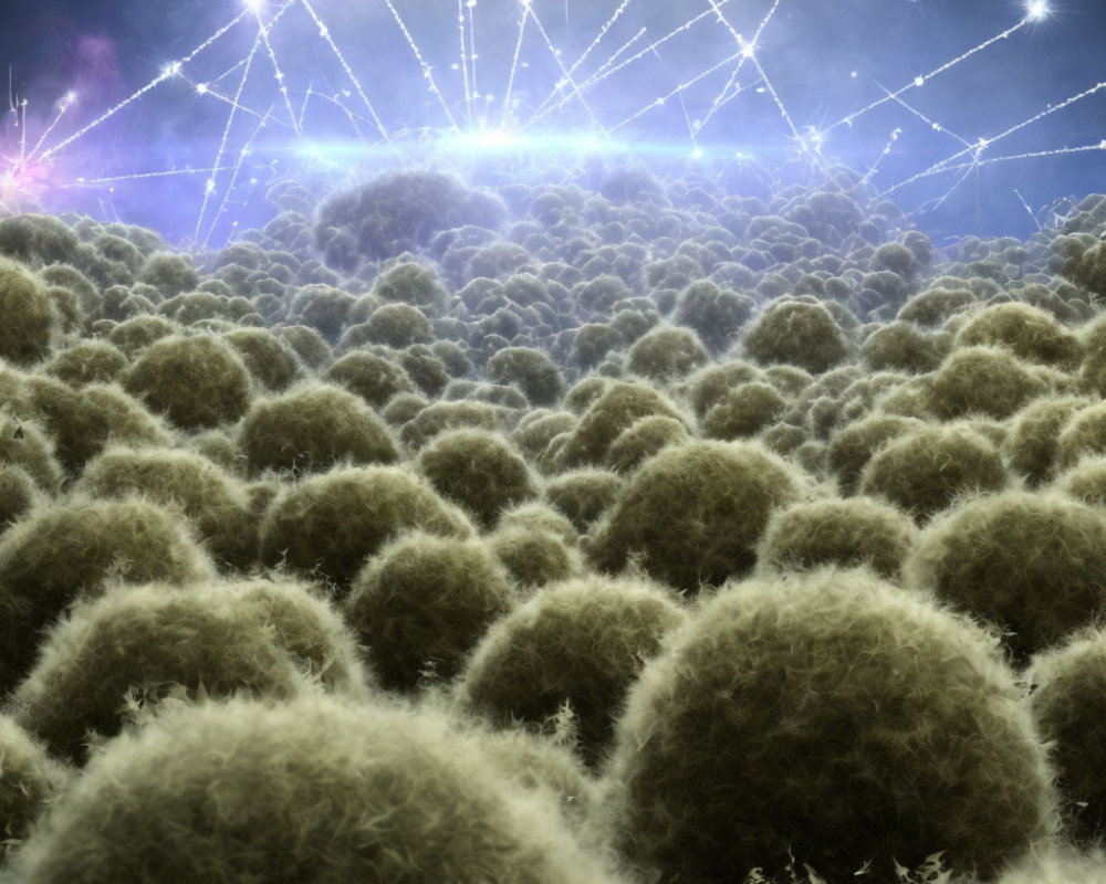 Vibrant fireworks light up night sky over fluffy plant field