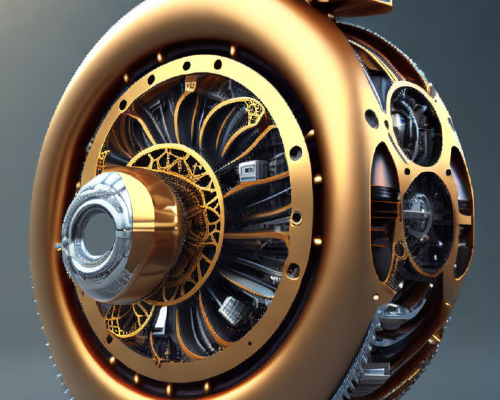 Intricate steampunk circular device with gears and bridge-like structure