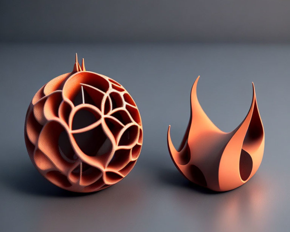 Orange 3D-Printed Spherical Lattice & Flame Sculptures on Grey Surface