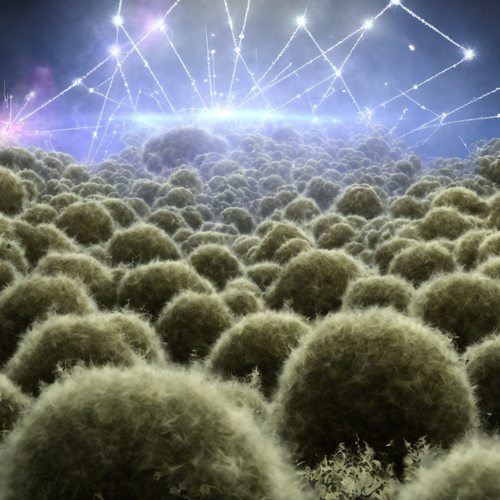 Vibrant fireworks light up night sky over fluffy plant field