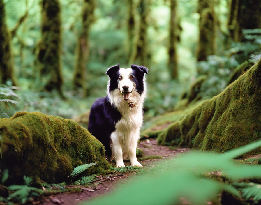 Black and white border collie on forest path with moss-covered logs and green foliage.