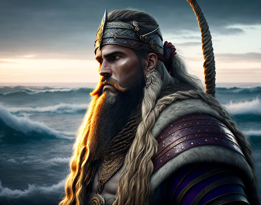 Viking warrior with braided beard in fur cloak and helmet on stormy sea background