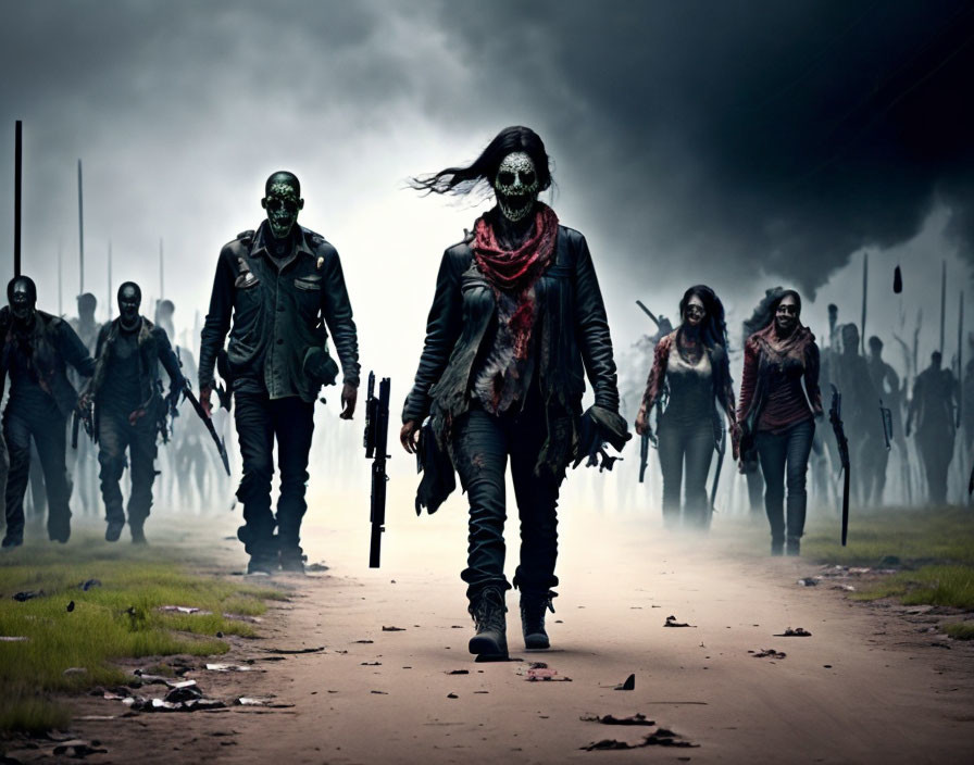 Group of zombies on desolate road under gloomy sky