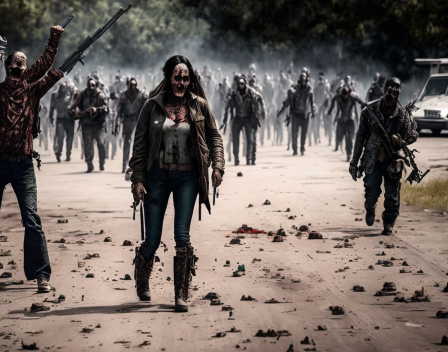 Female zombie leads group through desolate landscape