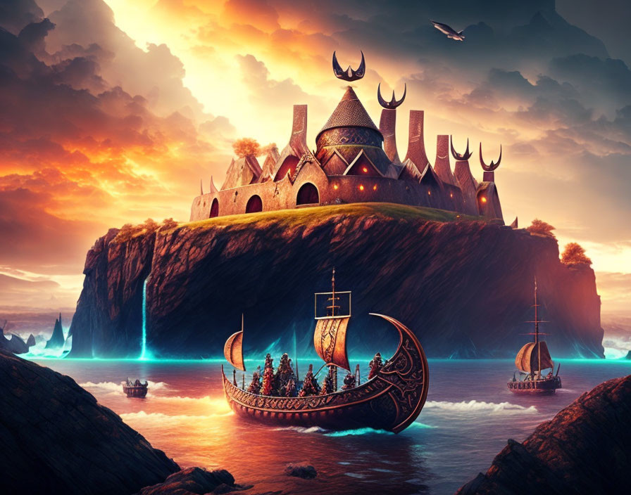 Majestic castle on cliff at sunset with Viking ships and glowing waters