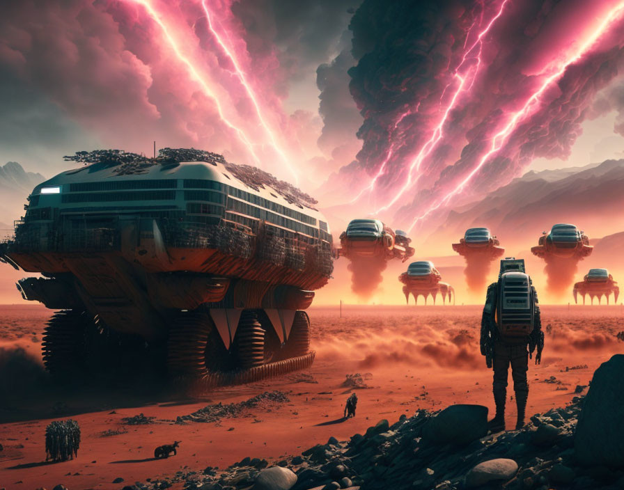 Futuristic convoy of large hovering vehicles in desert with pink lightning sky