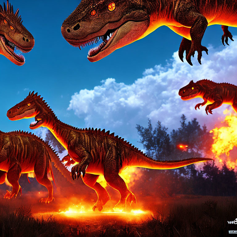 Fierce dinosaurs with glowing red eyes and fiery breath in dark landscape