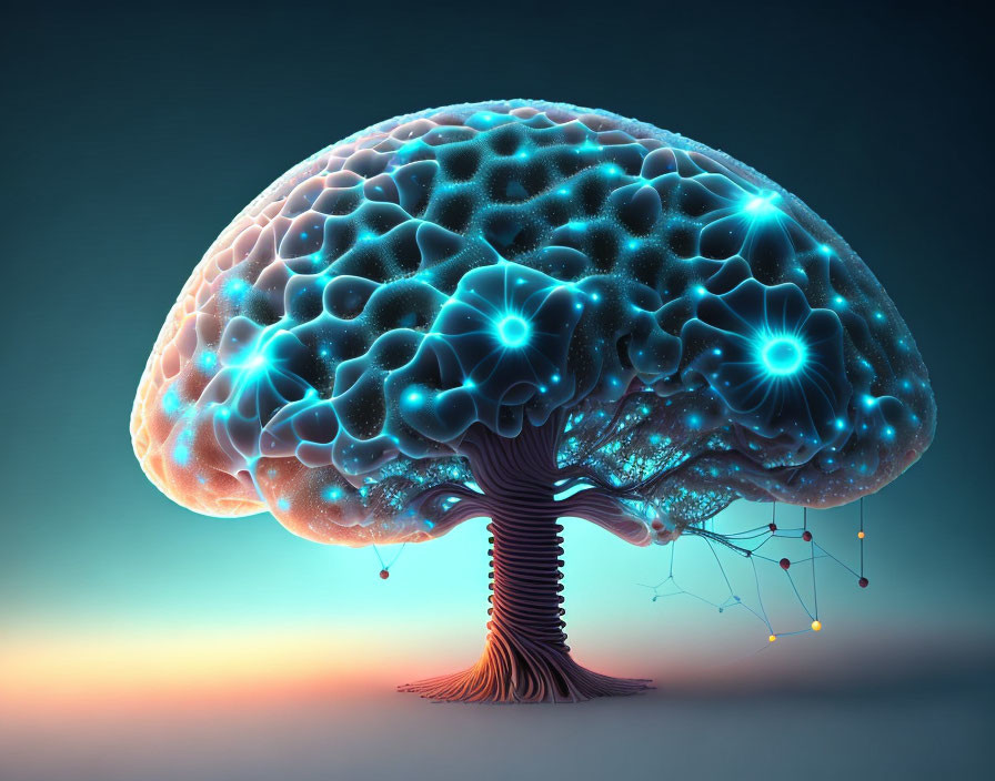 Digital artwork: Tree trunk and branches merge into brain with neural network and glowing nodes symbolizing organic and