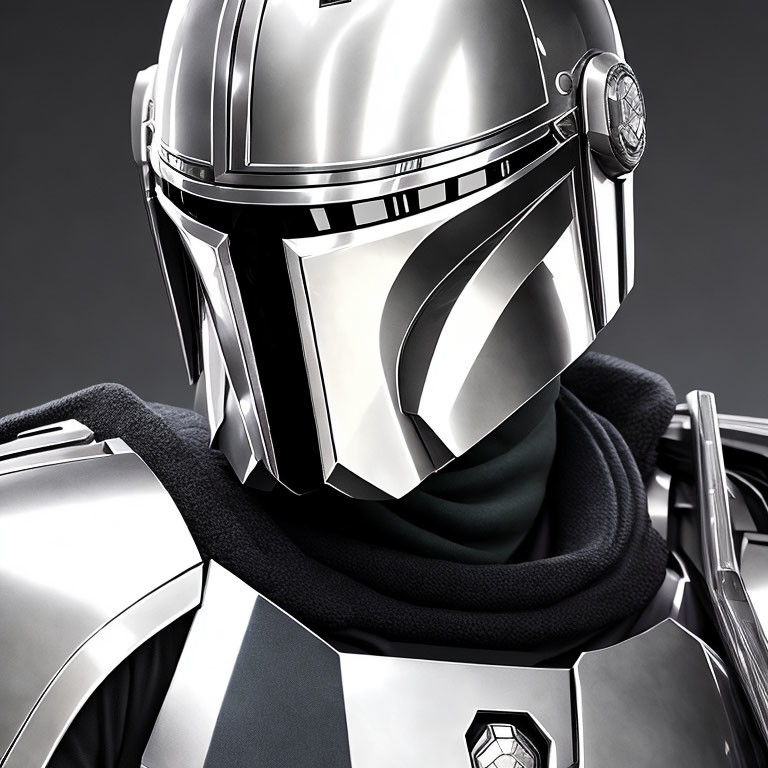 Person in Shiny Silver Helmet and Armor on Grey Background