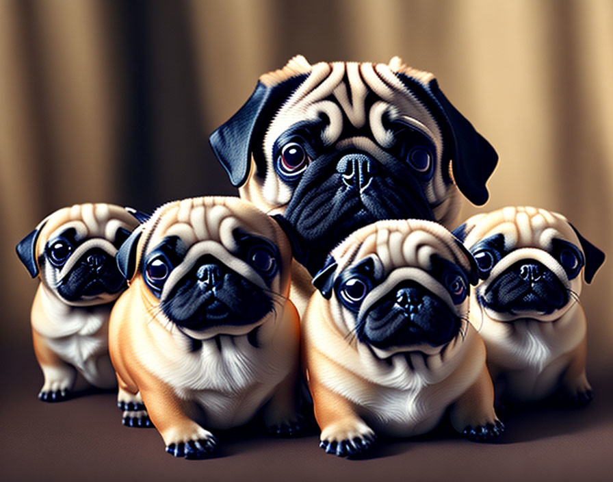 Five pug puppies lined up, with a central focus on the larger one, set against a draped