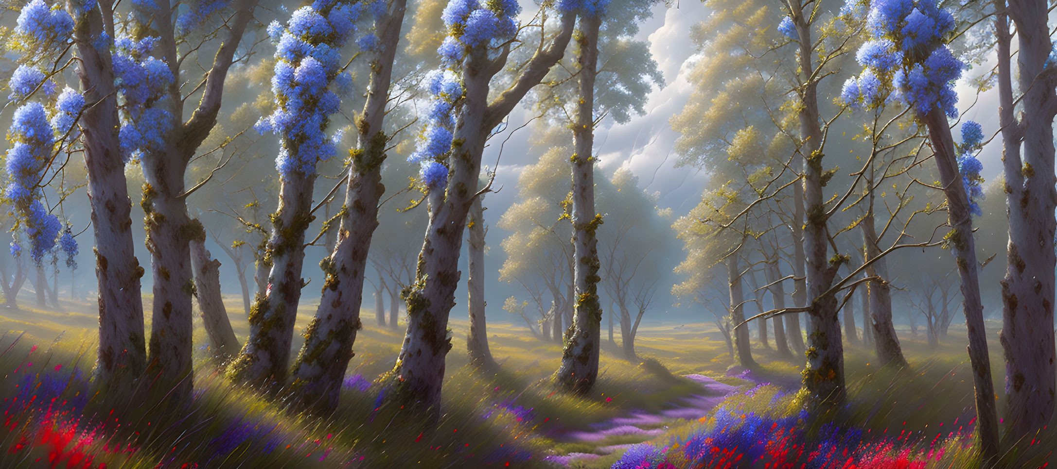 Forest landscape with sunbeams, blue and purple flowers, and towering trees