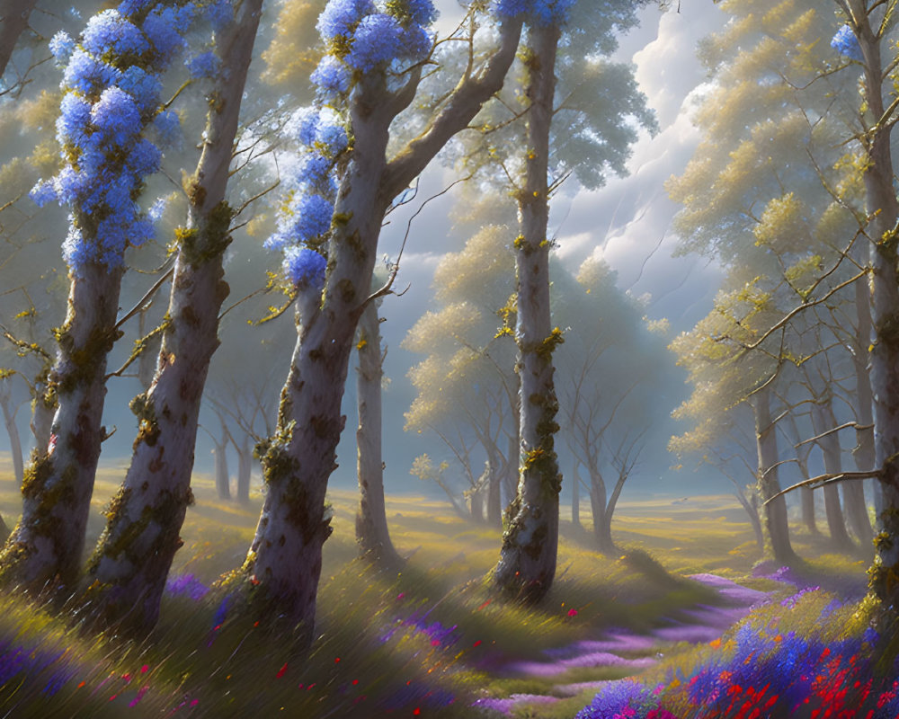 Forest landscape with sunbeams, blue and purple flowers, and towering trees