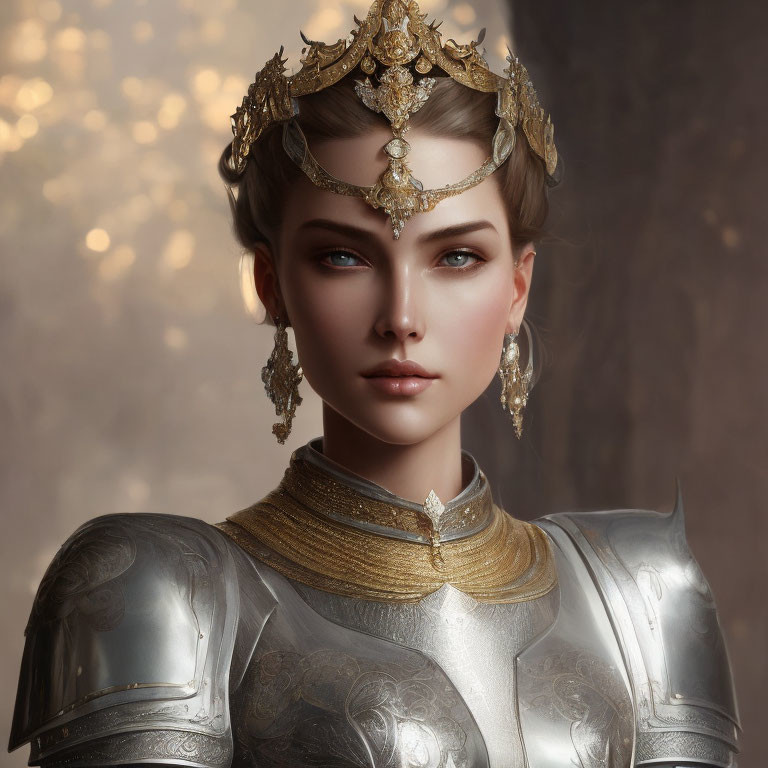 Regal female figure in golden crown and silver armor.