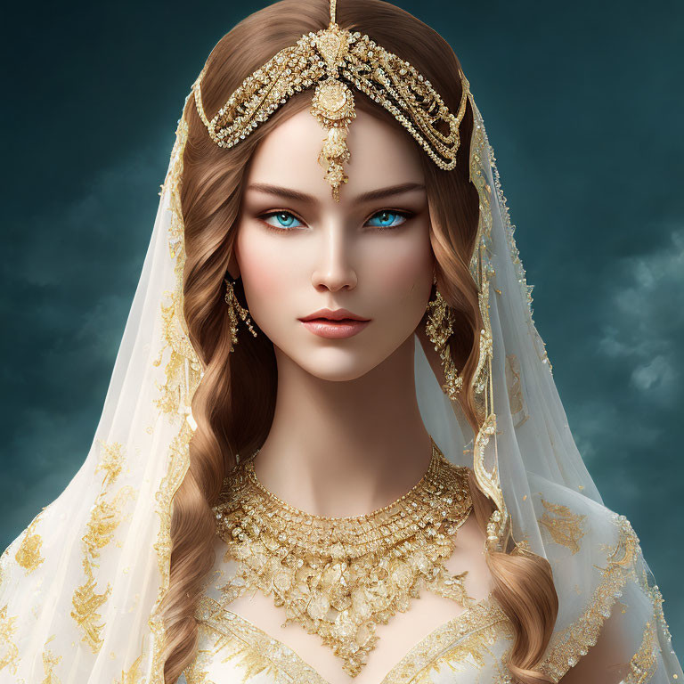 Portrait of a Woman with Blue Eyes and Gold Jewelry