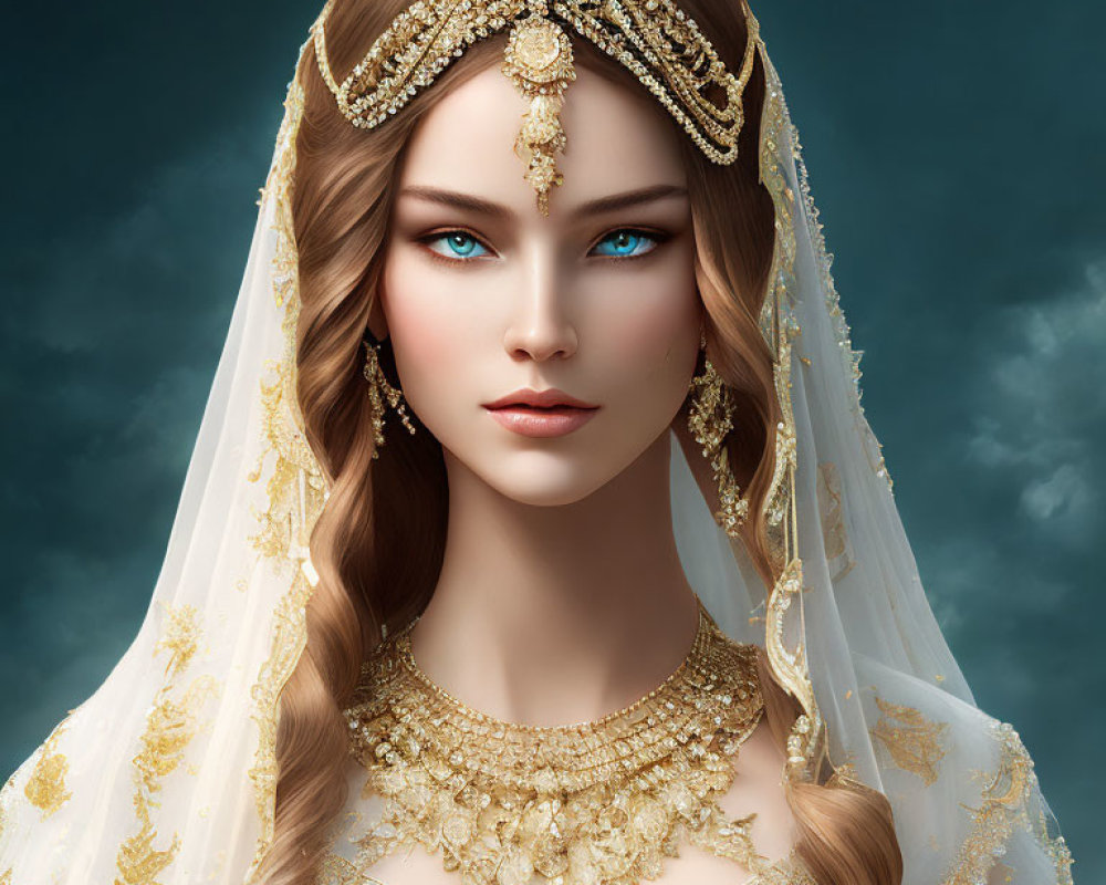 Portrait of a Woman with Blue Eyes and Gold Jewelry