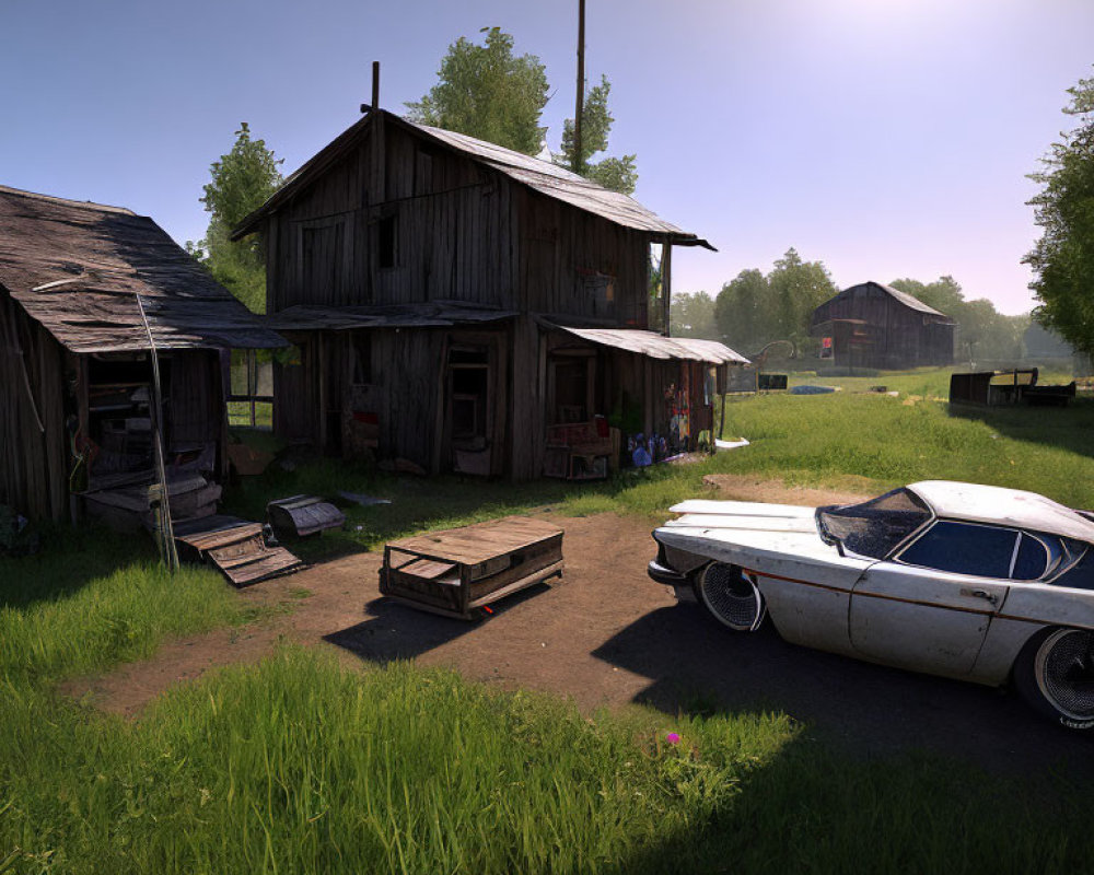 Rustic countryside scene with wooden barn, old car, farm equipment in lush greenery