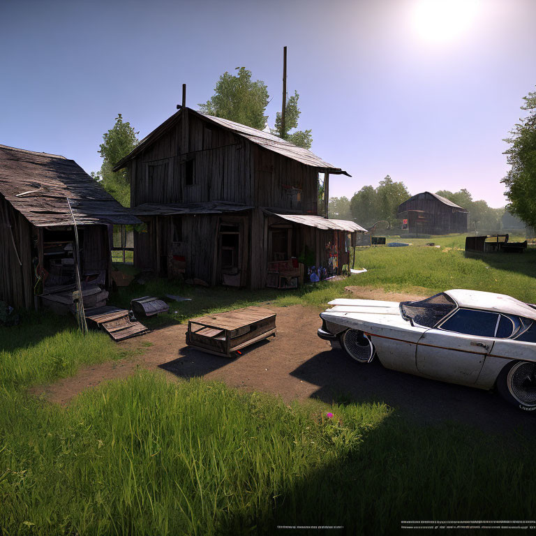 Rustic countryside scene with wooden barn, old car, farm equipment in lush greenery