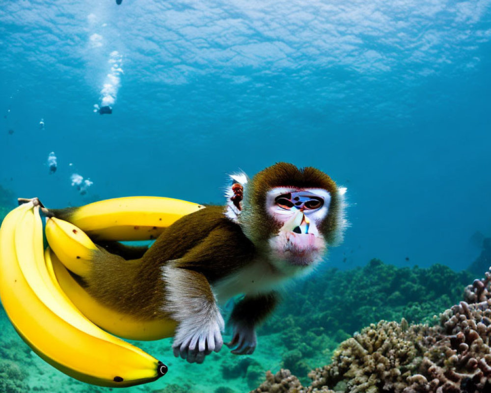 Monkey with Sunglasses Holding Bananas Underwater Surrounded by Divers