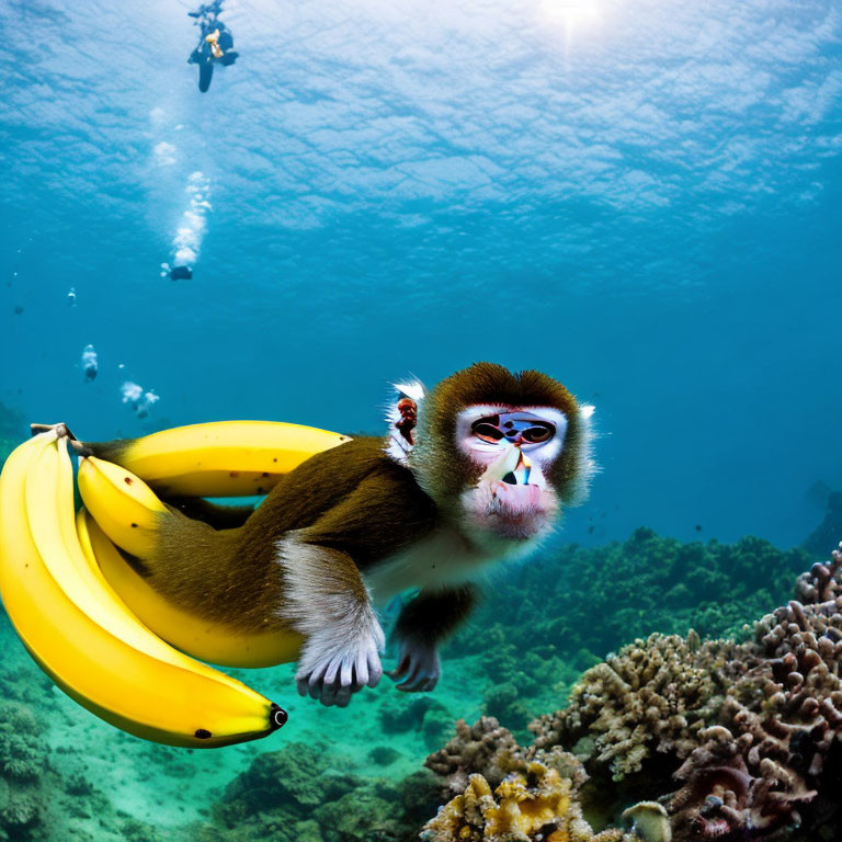 Monkey with Sunglasses Holding Bananas Underwater Surrounded by Divers