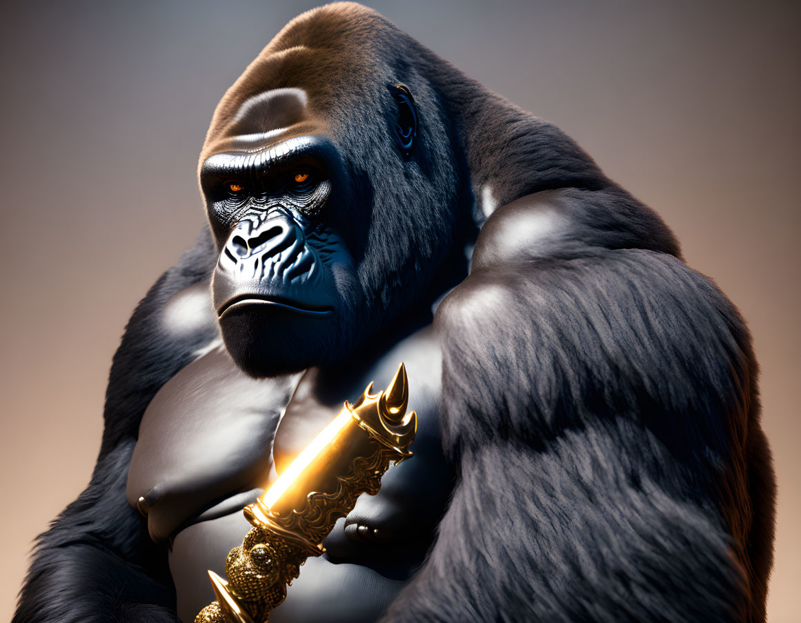 Muscular gorilla with intense gaze holding ornate dagger on warm background