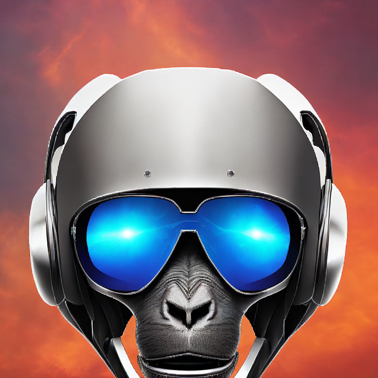 Gorilla with futuristic helmet and sunglasses in fiery sky