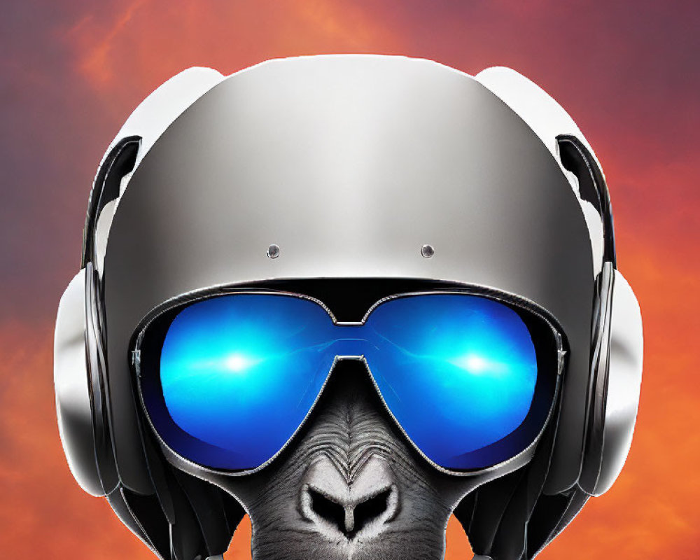 Gorilla with futuristic helmet and sunglasses in fiery sky