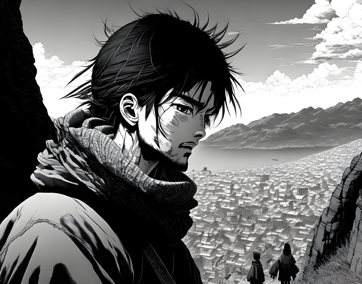 Monochrome illustration of determined man with bandages, rugged mountain landscape