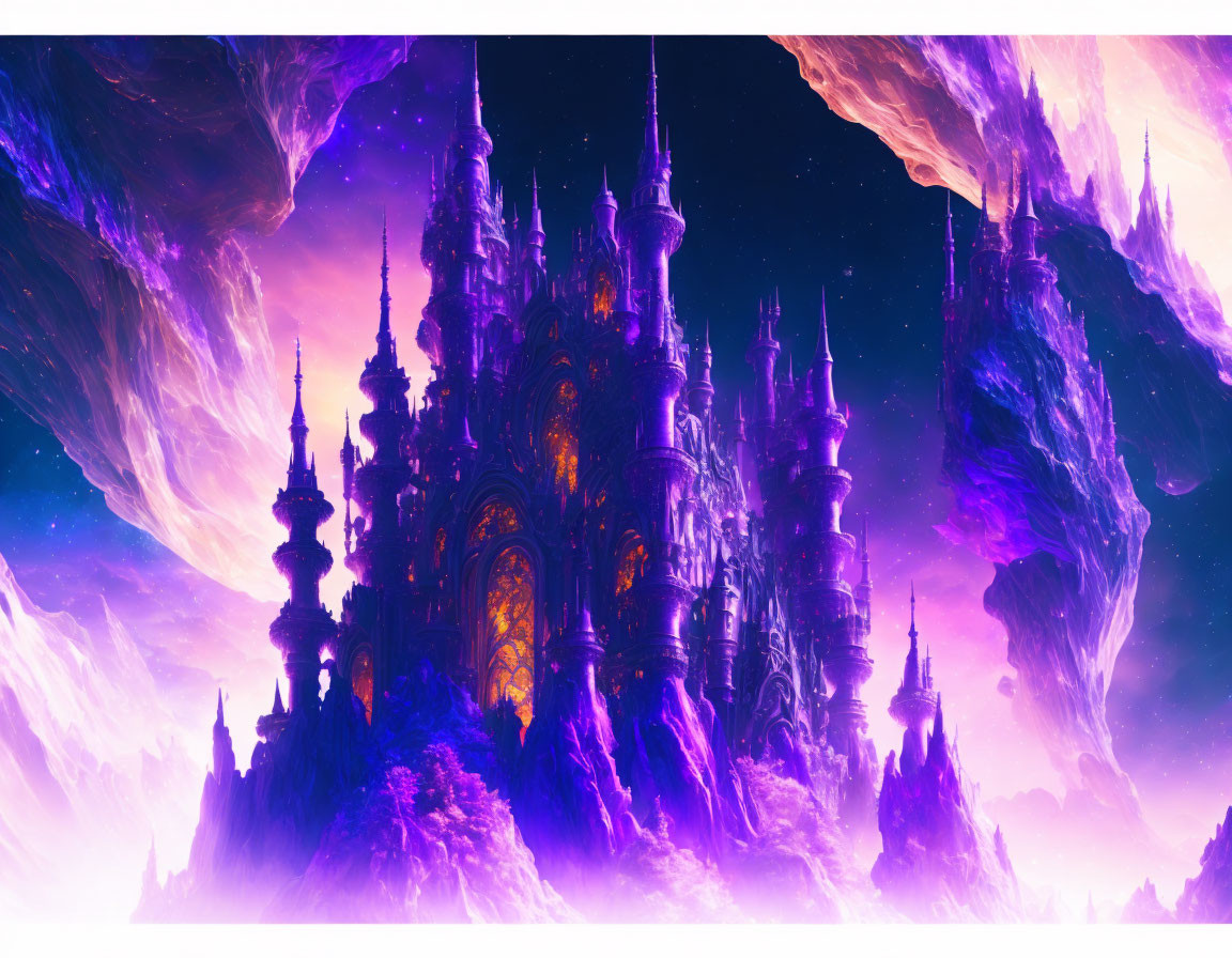 Purple and Orange Castle with Cosmic Sky and Soaring Spires