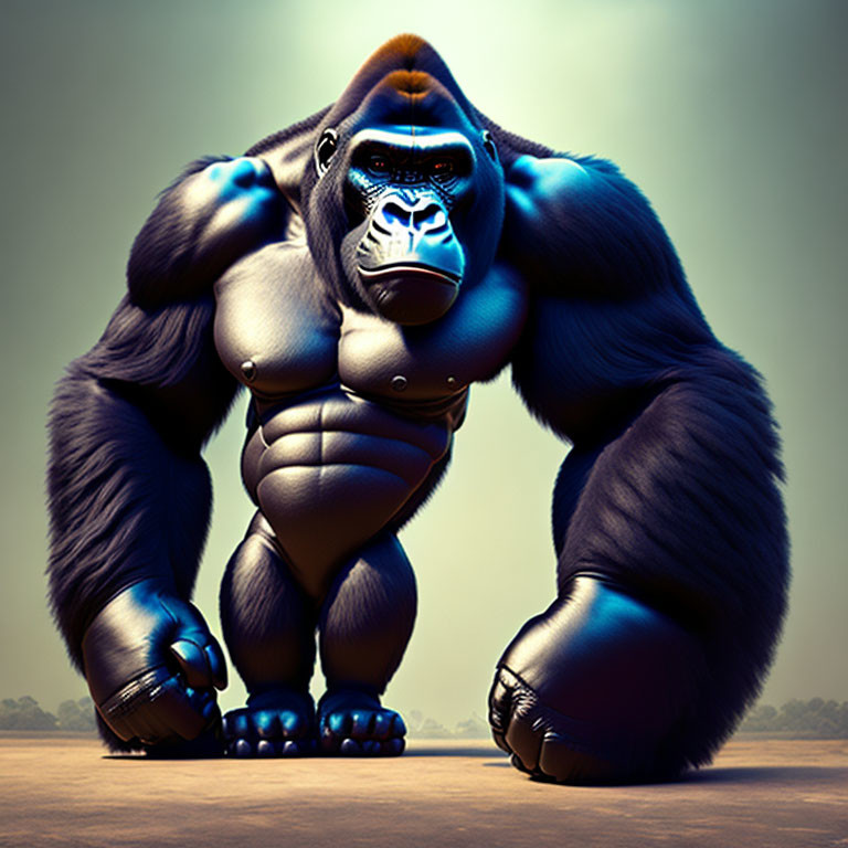 Muscular gorilla with stern expression in confrontational pose