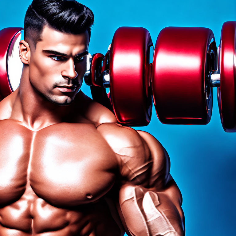 Muscular Man Lifting Red Dumbbell on Blue Background