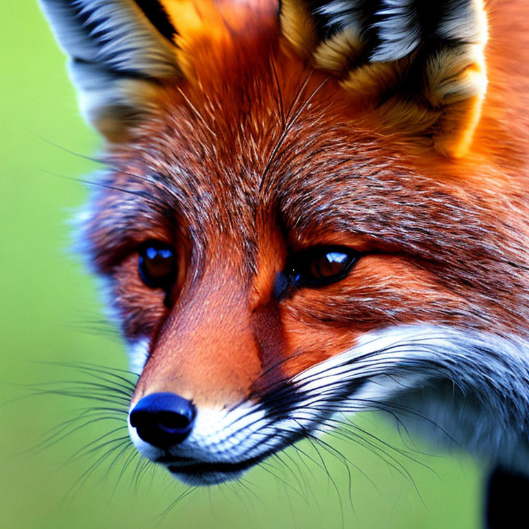 Detailed red fox face with intense eyes and fur texture on green background