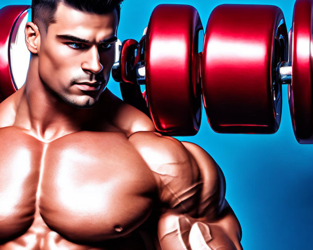 Muscular Man Lifting Red Dumbbell on Blue Background