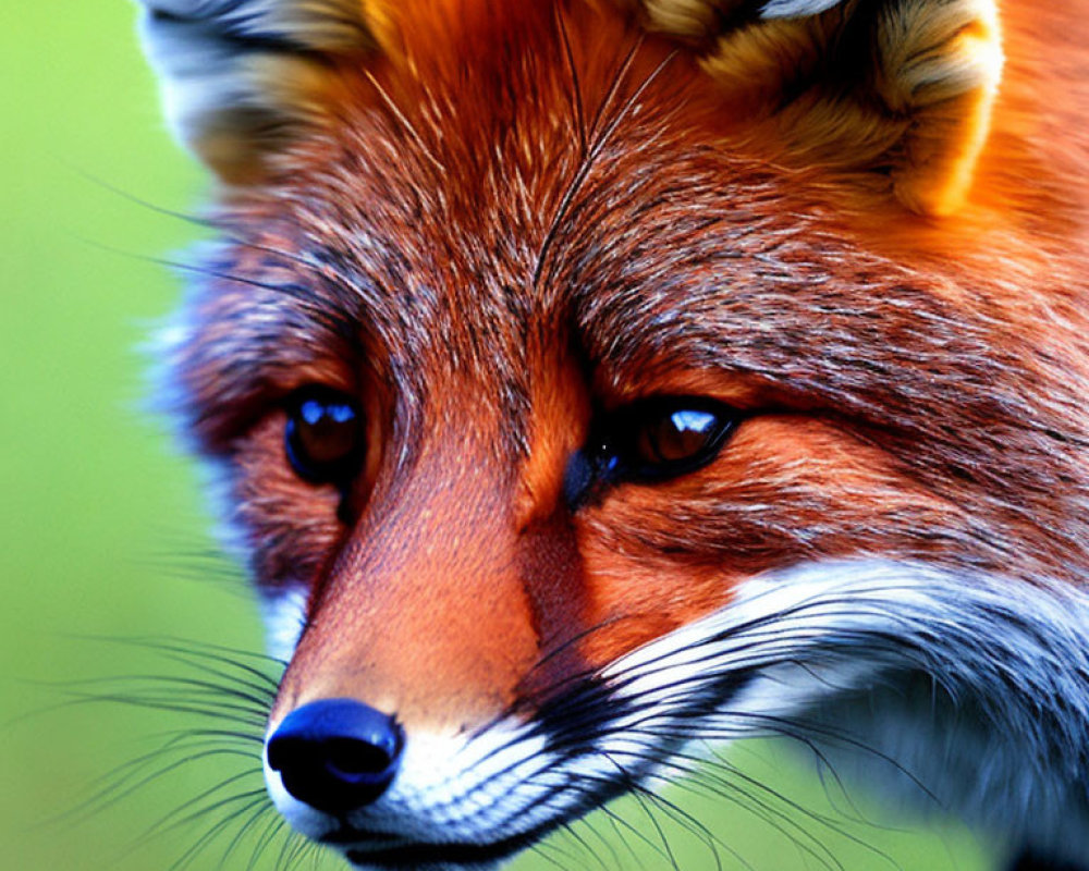 Detailed red fox face with intense eyes and fur texture on green background