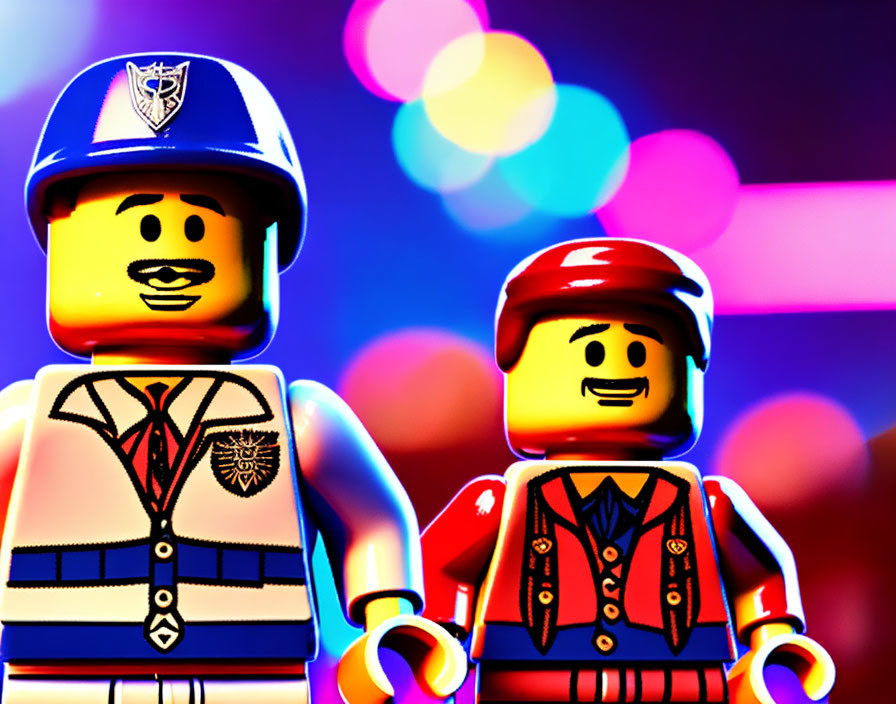 Lego minifigures: police and red jacket, bokeh light backdrop