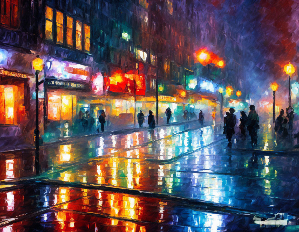 Vibrant City Street Night Scene with Silhouetted Figures