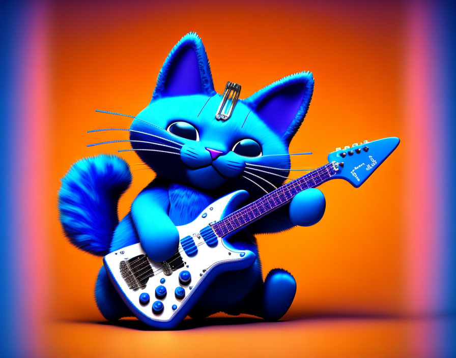 Colorful 3D illustration of a blue cartoon cat playing guitar