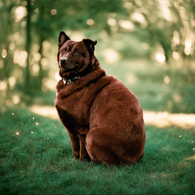 Brown Dog with Thick Coat Sitting on Grass in Softly Lit Background