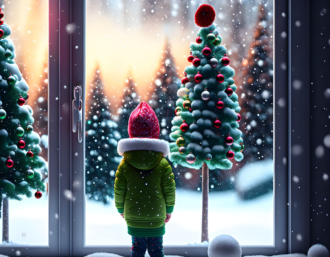 Child in green coat and red hat admires snowy landscape by Christmas tree